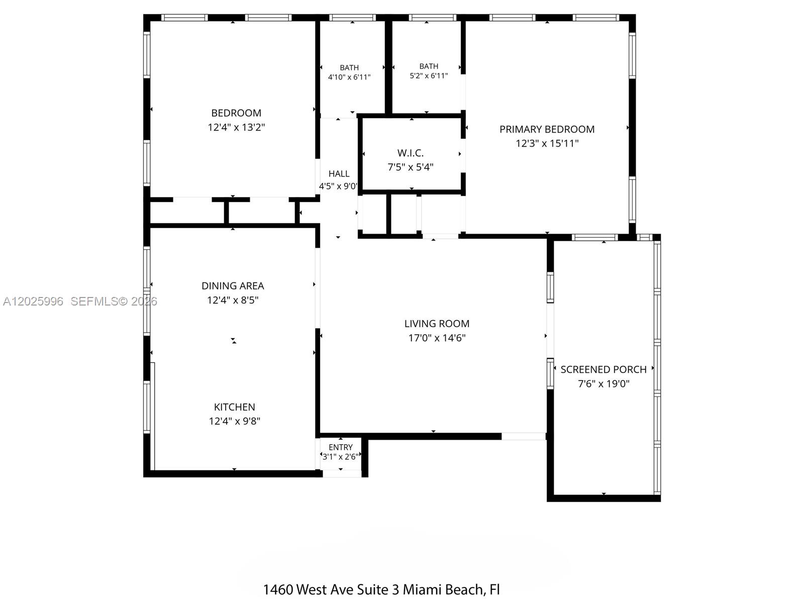 This is a floor plan for a two-bedroom apartment with a kitchen, living room, and porch — 1460 E West Ave, Miami Beach FL 33139, MIAMI BEACH, FL