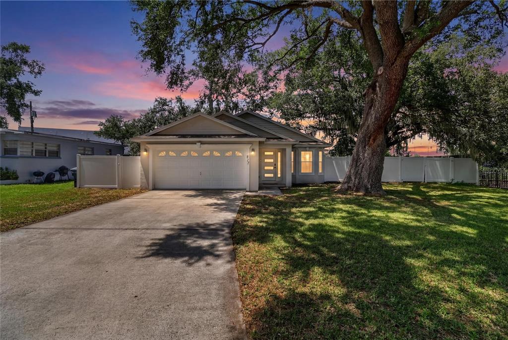 A single-story house with a white garage and a large tree in the front yard — 217 E EDWARD STREET, LAKELAND, FL