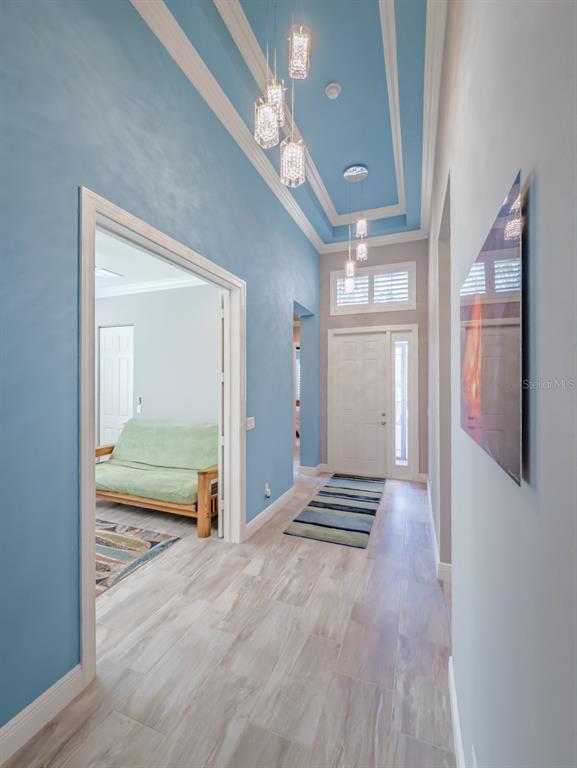 An entryway with light blue walls, a tray ceiling, pendant lights, and wood-look tile flooring — 4822 GRAND BANKS DRIVE, WIMAUMA, FL