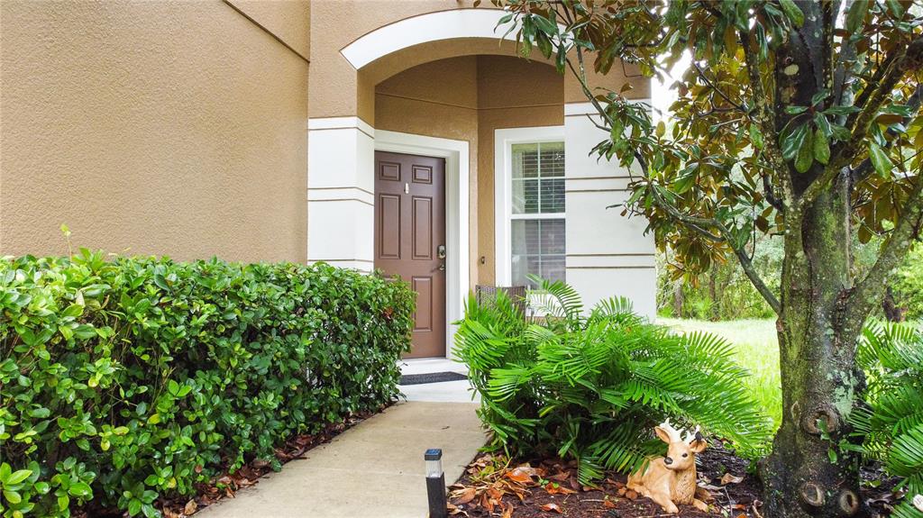 A brown front door is set within a tan stucco entryway with white trim accents — 15647 GREYROCK DRIVE, SPRING HILL, FL