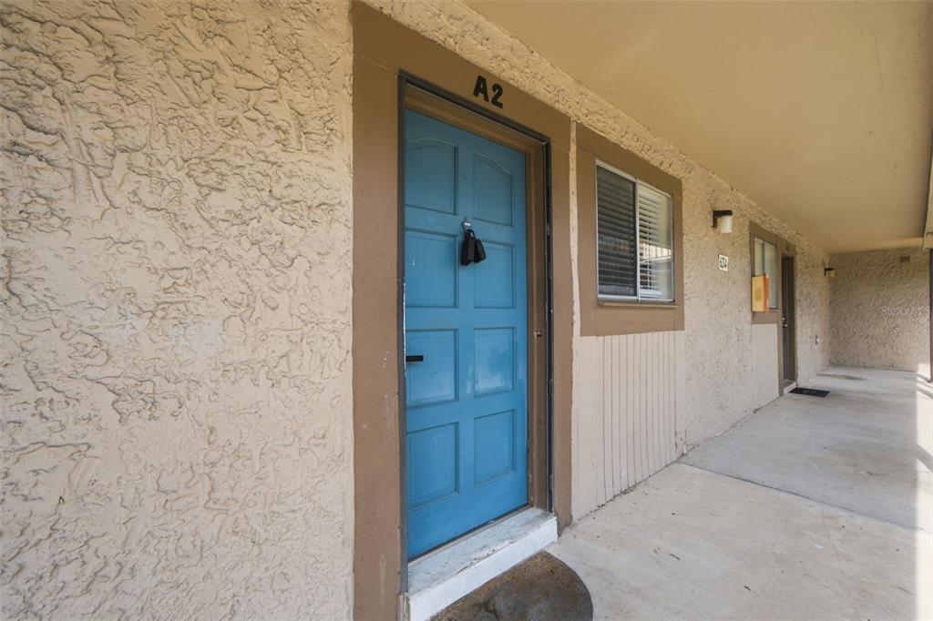 A blue front door labeled A2 is set into a beige stucco exterior wall — 6314 NEWTOWN CIRCLE UNIT 14A2, TAMPA, FL