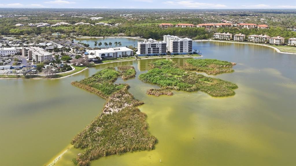 An aerial view shows a large lake with grassy islands and surrounding residential apartment buildings — 10510 BOARDWALK LOOP UNIT 602, LAKEWOOD RANCH, FL