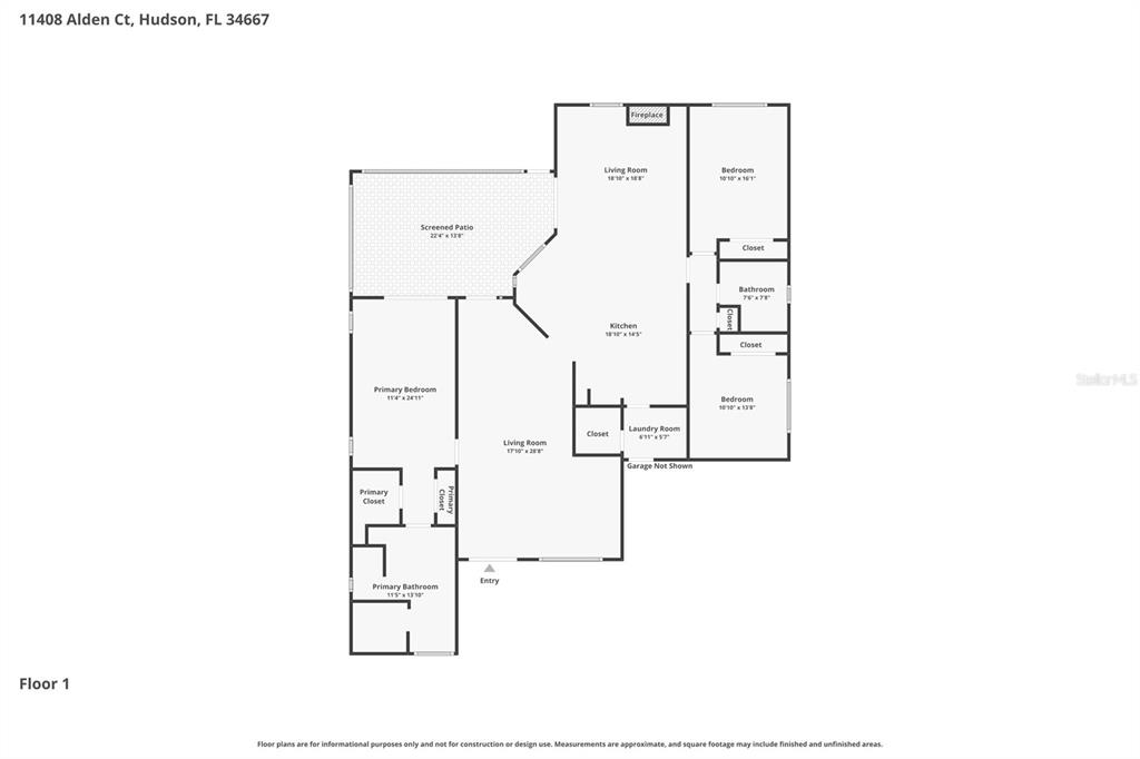 This is a floor plan of a single-story house featuring a screened patio — 11408 ALDEN COURT, HUDSON, FL
