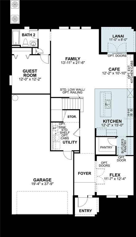 This is a floor plan for a single-story home featuring a garage, kitchen, and lanai — 102 NORTHBANK LANE, SPRING HILL, FL