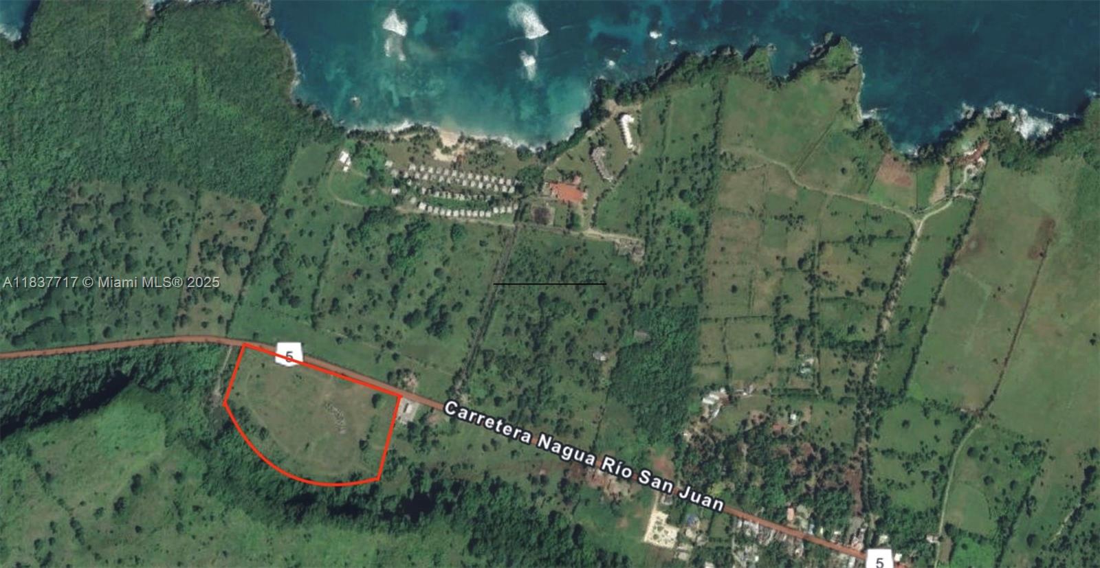 This is an aerial map showing a plot of land outlined in red along a highway — 11km Abreu Playa Grande, Dominican Republic, Ca, Ca
