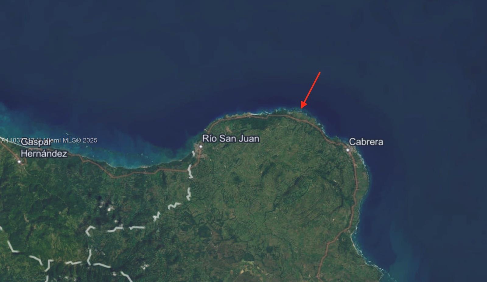 This is a satellite map showing the coastline between Río San Juan and Cabrera — 11km Abreu Playa Grande, Dominican Republic, Ca, Ca