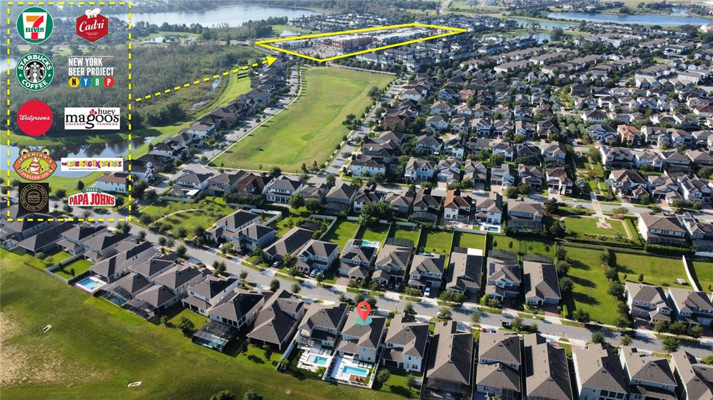An aerial view shows a residential neighborhood with a highlighted commercial plaza in the distance — 15741 SWEET LEMON WAY, WINTER GARDEN, FL