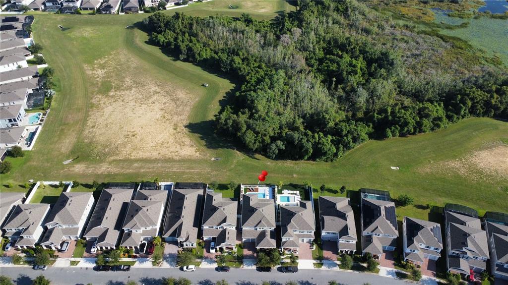 An aerial view shows a row of suburban houses bordering a large wooded area — 15741 SWEET LEMON WAY, WINTER GARDEN, FL