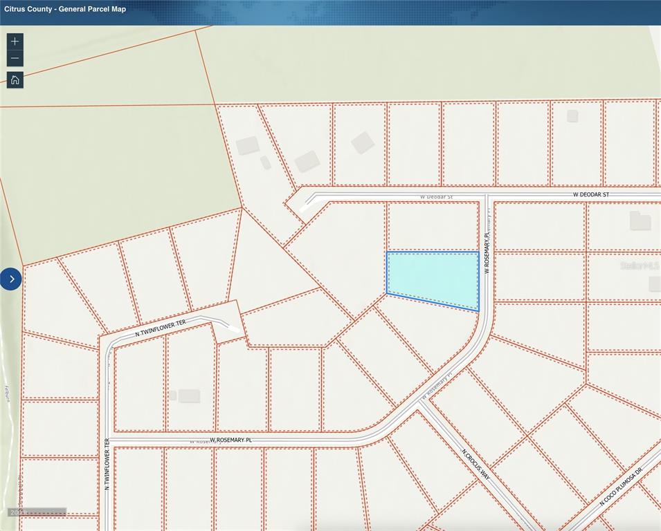 This is a parcel map showing a highlighted lot in a residential neighborhood — 12577 W ROSEMARY PLACE, CRYSTAL RIVER, FL
