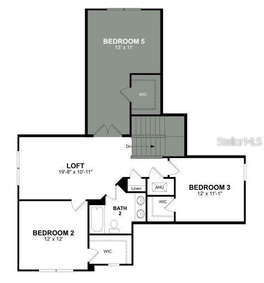 This floor plan shows the upper level of a house with a loft and three bedrooms — 1464 CABOT DRIVE, CLERMONT, FL