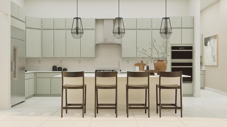 This rendering shows a modern kitchen with light green cabinets, a central island, and barstools — 7708 Longchamp Lane, Lake Worth FL 33449, LAKE WORTH, FL