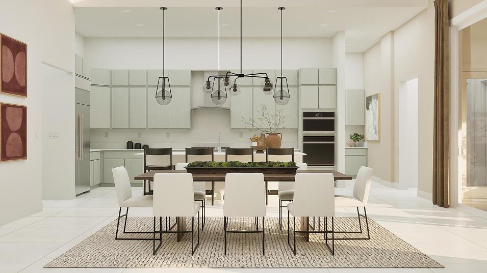 This rendering shows a modern kitchen and dining area with light green cabinets and furniture — 7708 Longchamp Lane, Lake Worth FL 33449, LAKE WORTH, FL