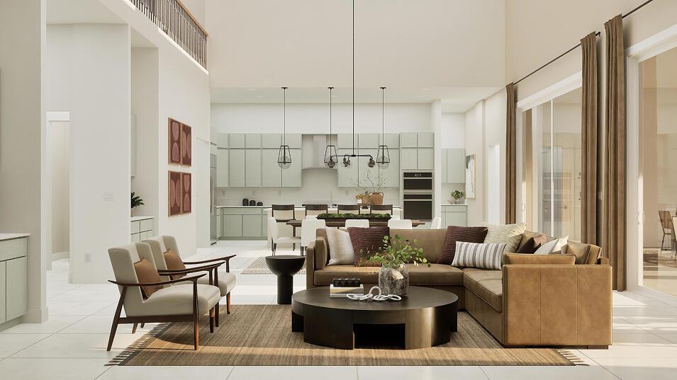 This rendering shows an open-concept living room and kitchen with neutral tones and modern furniture — 7708 Longchamp Lane, Lake Worth FL 33449, LAKE WORTH, FL