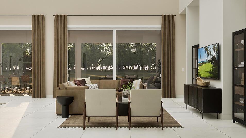This rendering shows a modern living room with a sectional, two armchairs, and large windows — 7708 Longchamp Lane, Lake Worth FL 33449, LAKE WORTH, FL