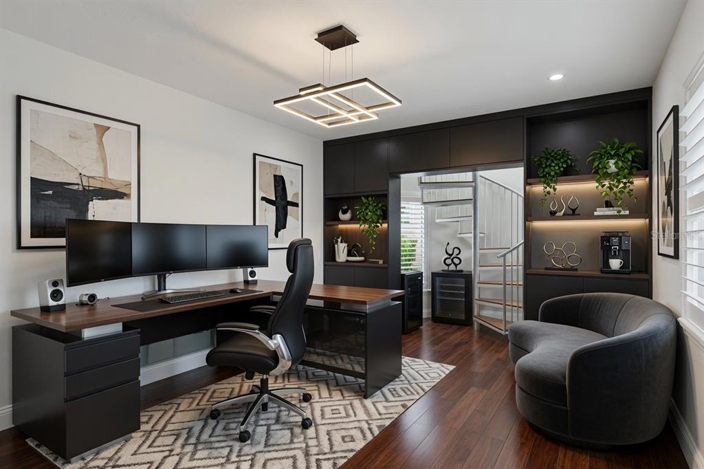 This is a virtual rendering of a modern home office featuring a desk, spiral staircase, and shelving — 812 SNUG ISLAND, CLEARWATER BEACH, FL