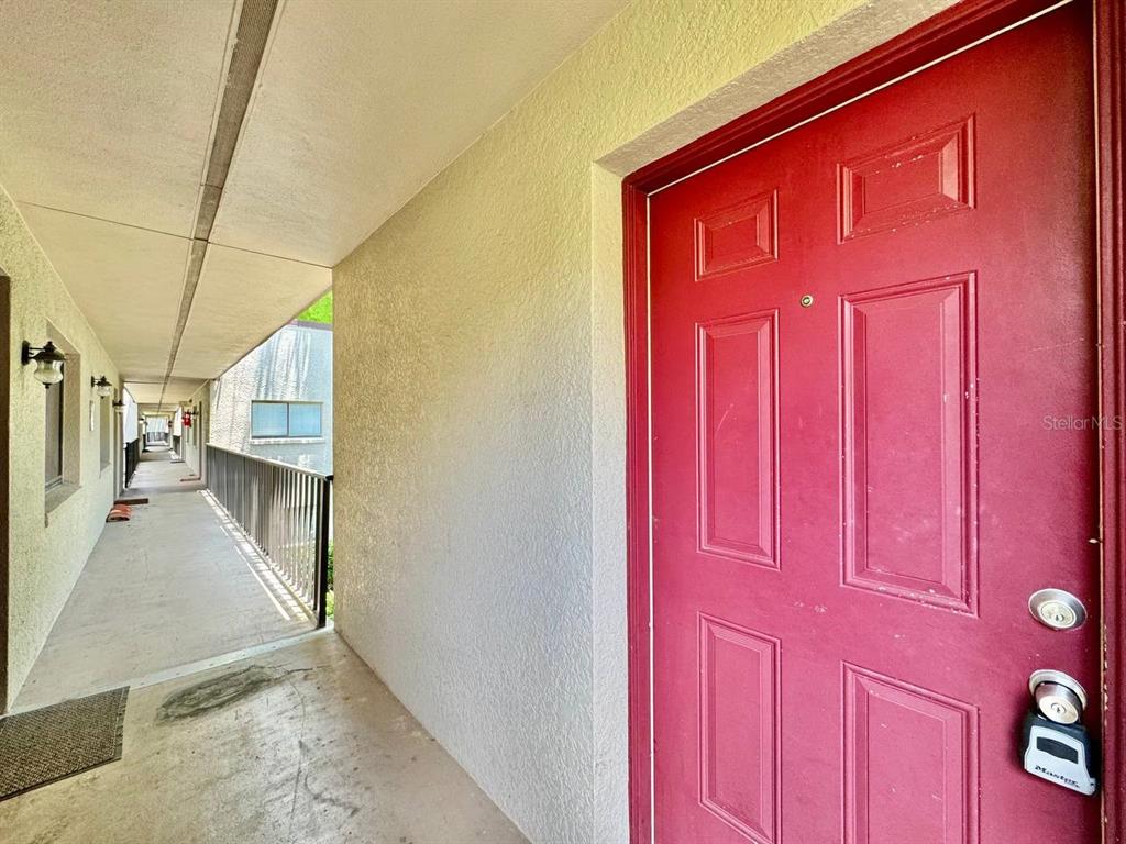 A red front door opens onto an outdoor concrete walkway with a metal railing — 11703 RAINTREE VILLAGE BOULEVARD UNIT C, TAMPA, FL