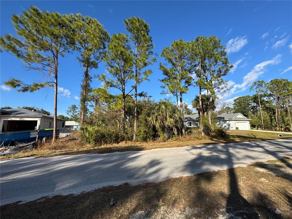 A vacant, wooded residential lot sits between two houses on a paved street — Lot 28 SWISS AVENUE, NORTH PORT, FL