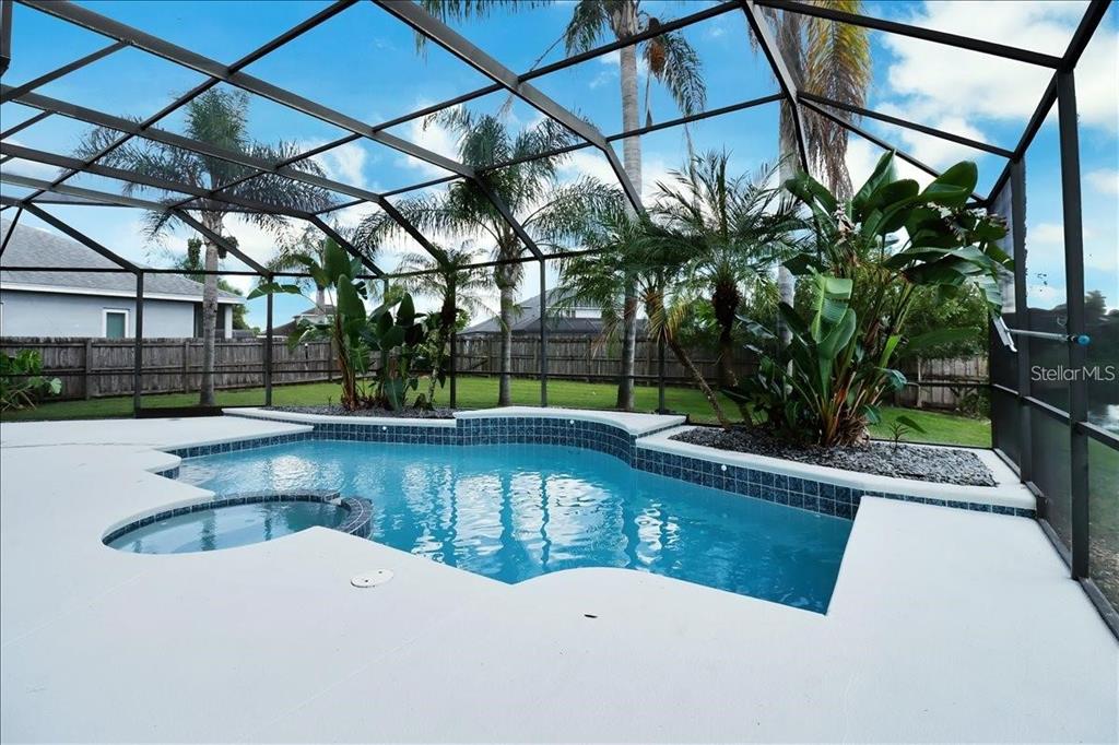 A screened-in swimming pool and spa with tropical landscaping and a wooden fence background — 14024 CHERRY BUSH COURT, ORLANDO, FL
