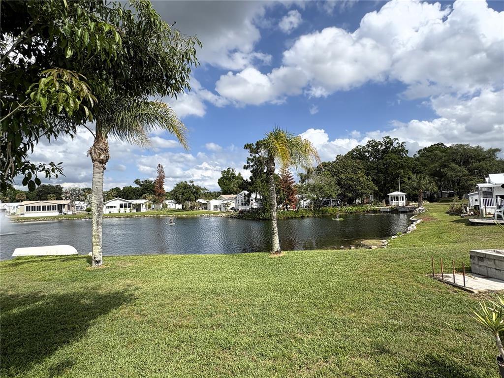 A grassy lawn overlooks a small pond with palm trees and houses in the background — 446 CITRUS RIDGE, DAVENPORT, FL