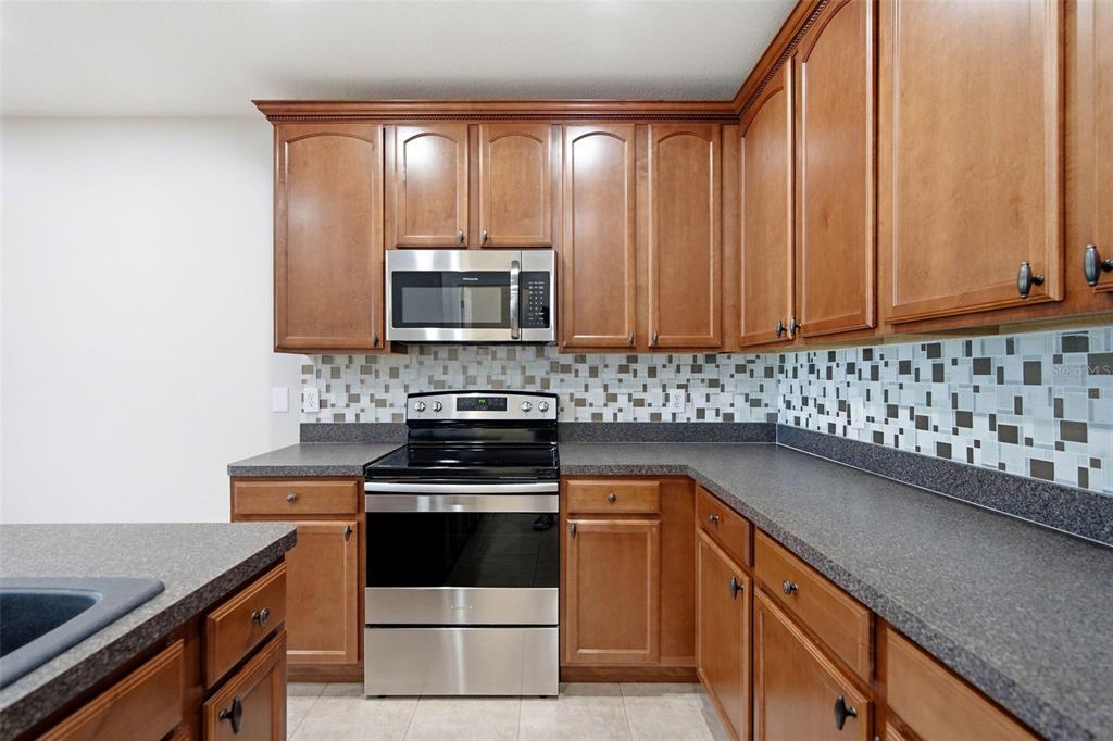 A kitchen features wood cabinets, stainless steel appliances, a mosaic tile backsplash, and dark countertops — 30149 GOODWICK WAY, WESLEY CHAPEL, FL