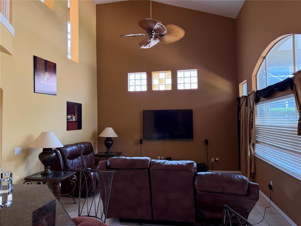 A living room features high ceilings, brown walls, leather furniture, and a ceiling fan — 18826 AVENUE BIARRITZ, LUTZ, FL