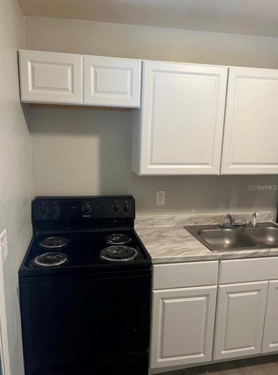 A kitchen features white cabinets, a black electric stove, and a double-basin sink — 8123 N ALASKA STREET UNIT A, TAMPA, FL