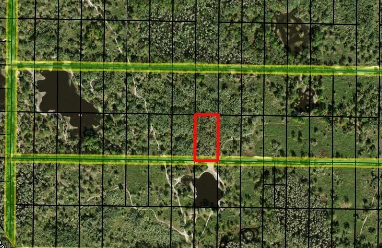 This aerial map shows a rectangular plot of land highlighted in red among wooded lots — 0 County Rd 54, FL 33849, FL