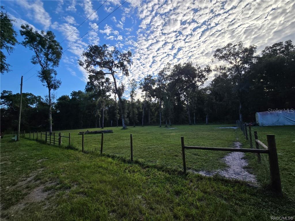 A fenced grassy pasture features scattered trees under a bright, cloudy sky — 4689 S IRONWOOD POINT, INVERNESS, FL