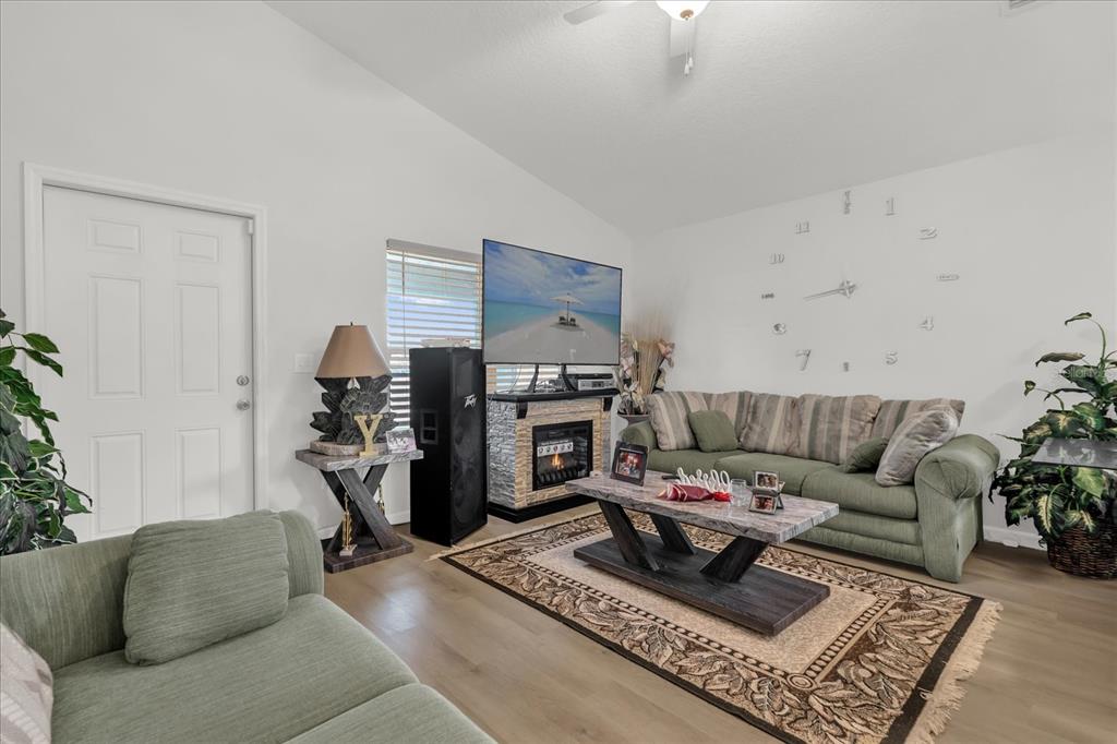 A living room features a fireplace, a television, two green sofas, and a wall clock — 119 D STREET, LAKE WALES, FL