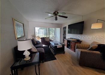 A living room features a ceiling fan, a television, a coffee table, and comfortable seating — 6219 PALMA DEL MAR BOULEVARD S UNIT 206, ST PETERSBURG, FL