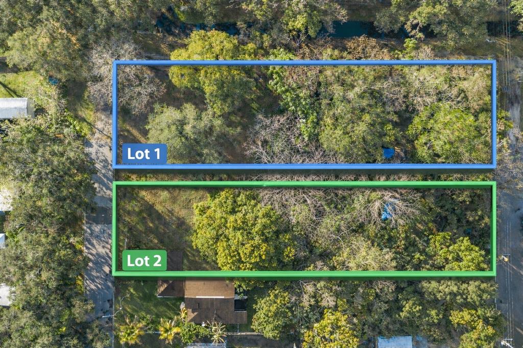 An aerial view shows two adjacent rectangular lots outlined in blue and green — 3RD AVENUE, ORLANDO, FL