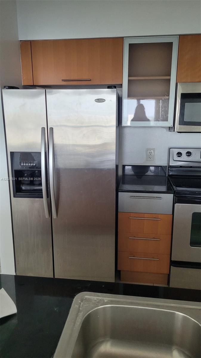 A kitchen features stainless steel appliances, wood-toned cabinetry, and black countertops — 1750 N Bayshore Dr # 3311, Miami FL 33132, MIAMI, FL