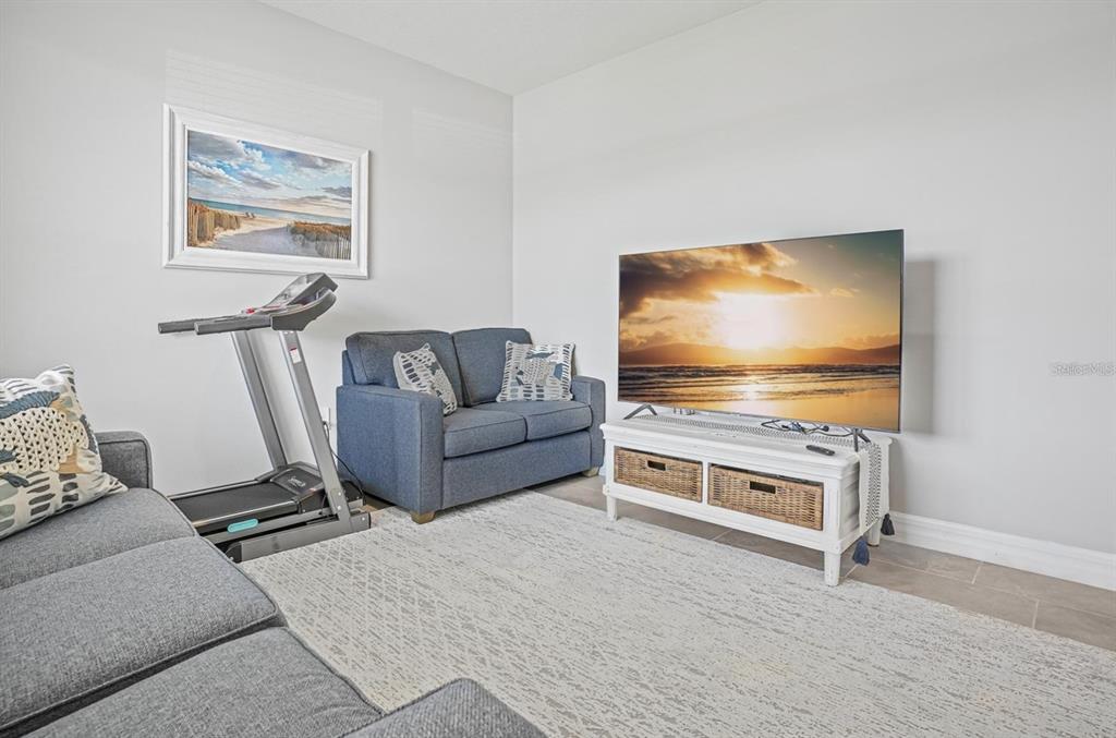 A living room features a grey sofa, a blue loveseat, a treadmill, and a television — 17925 FATTORIA TERRACE, LAKEWOOD RANCH, FL