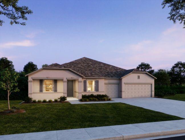 This is a digital rendering of a single-story suburban house with a two-car garage — 17041 ROYAL PALMS DRIVE, GROVELAND, FL