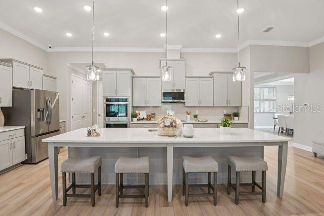 A modern kitchen features light gray cabinetry, a large white island with four stools, and stainless appliances — 17041 ROYAL PALMS DRIVE, GROVELAND, FL