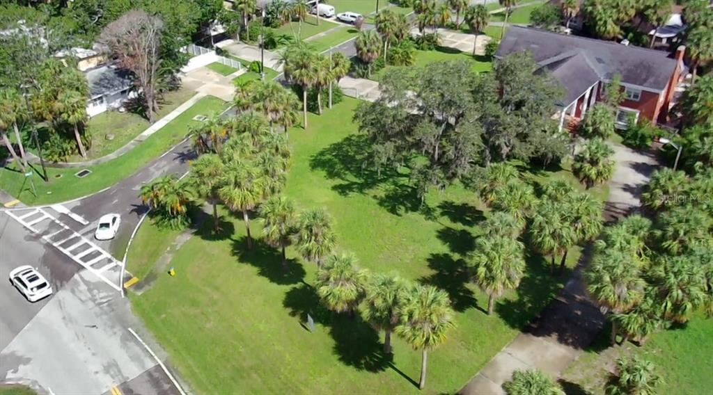 An aerial view shows a grassy vacant lot surrounded by palm trees and nearby houses — PARK AVENUE, TARPON SPRINGS, FL