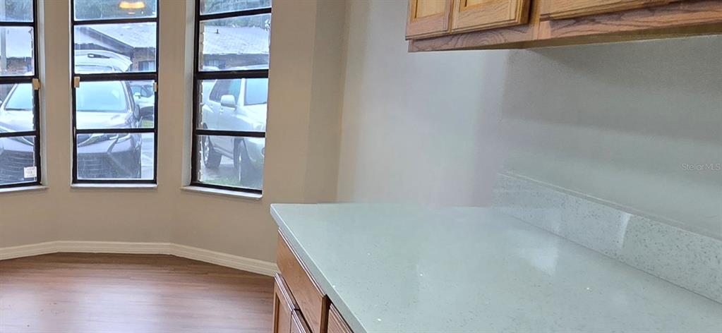 A kitchen features light-colored countertops, wood cabinets, and a bay window overlooking a parking area — 1834 FOXHALL CIRCLE, KISSIMMEE, FL
