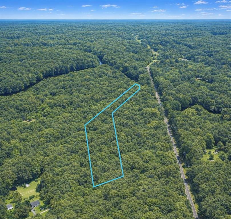 An aerial view shows a wooded lot outlined in blue next to a paved road — 0 CHEROKEE DRIVE, SOPCHOPPY, FL
