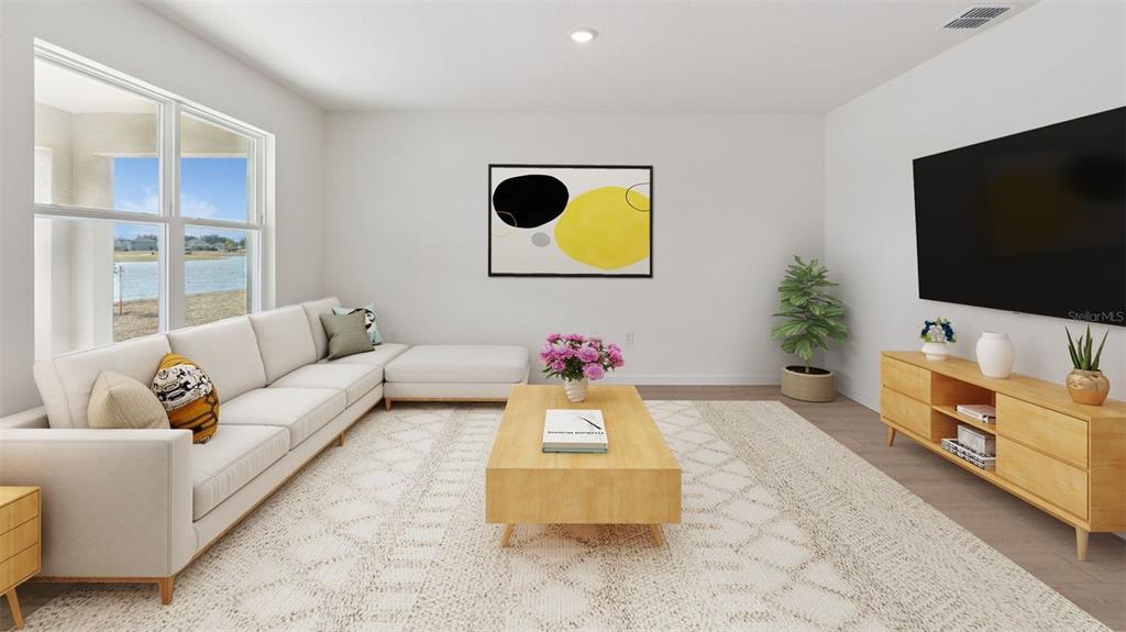 This rendering shows a modern living room with a sectional sofa, coffee table, and television — 1012 CHAMPION RDG DRIVE, DAYTONA BEACH, FL