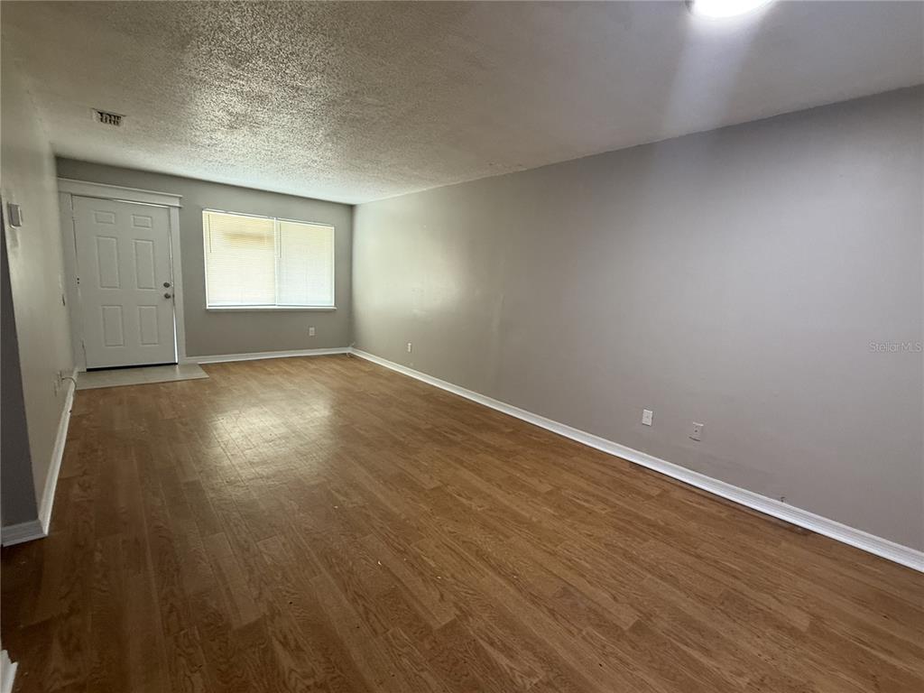 An empty living room features light wood-look flooring, gray walls, and a white entry door — 8534 CHANNELVIEW CIRCLE UNIT 8534, TAMPA, FL