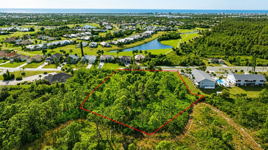 An aerial view shows a wooded, rectangular plot of land outlined in red near buildings — 3989 CAPE HAZE DRIVE, ROTONDA WEST, FL