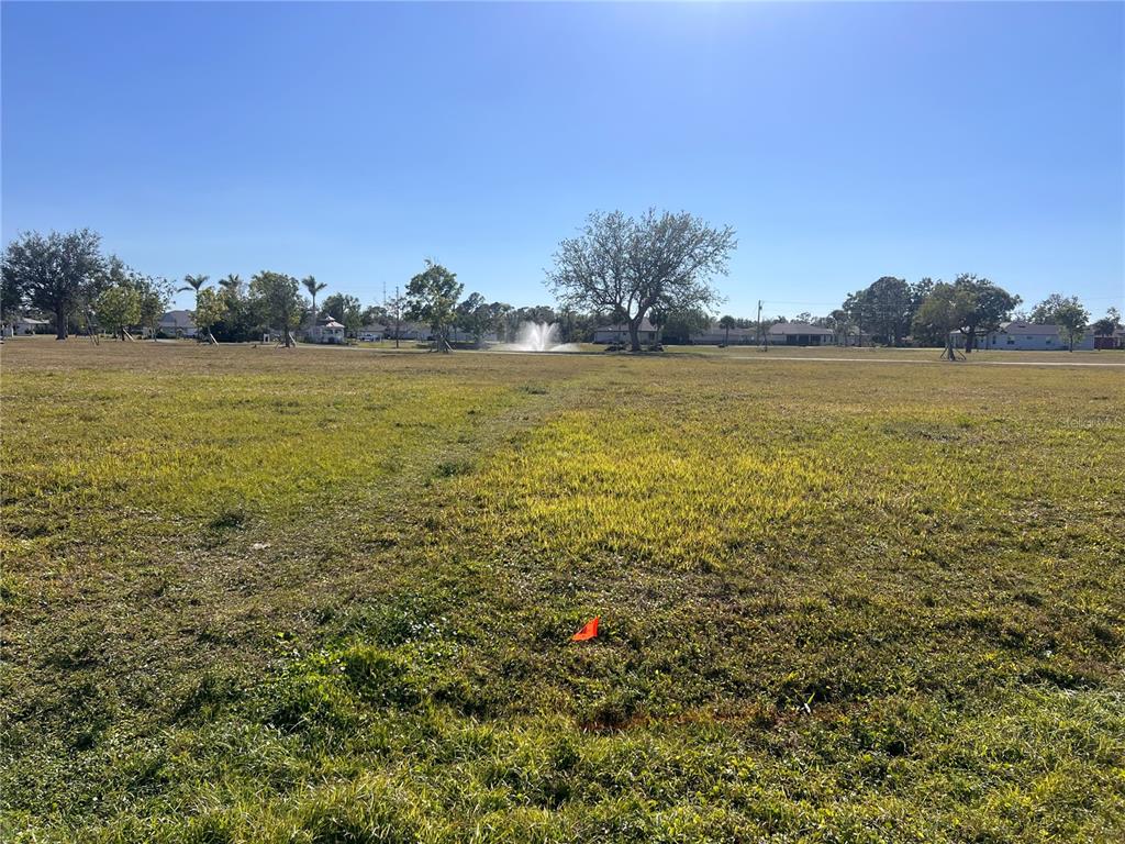 A wide, grassy vacant lot features a distant fountain and scattered trees under a clear sky — 25325 LYCHEE COURT, PUNTA GORDA, FL