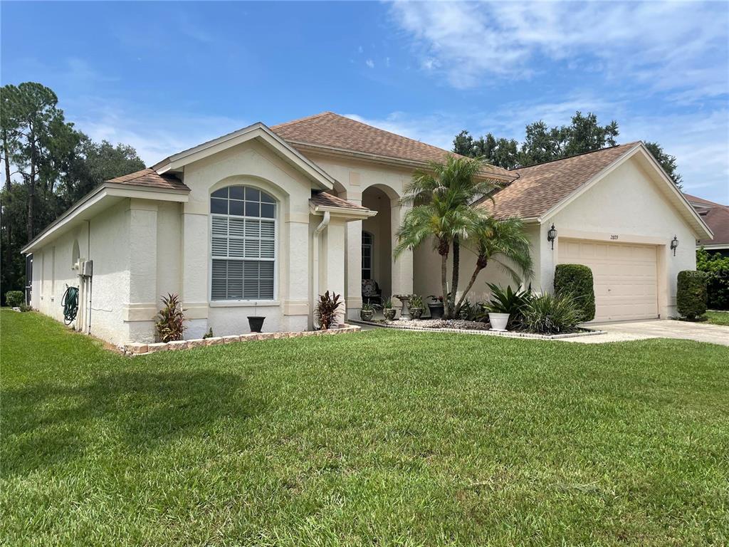 A single-story stucco house with a two-car garage and a palm tree in the front — 28719 RALEIGH PLACE, WESLEY CHAPEL, FL