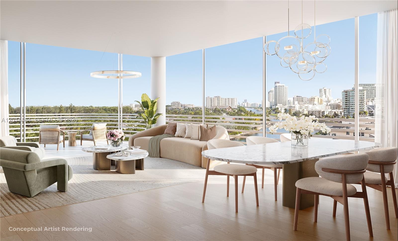 This conceptual artist rendering shows a modern open-plan living and dining area with floor-to-ceiling windows — 2901 Indian Creek # 504, Miami Beach FL 33140, MIAMI BEACH, FL