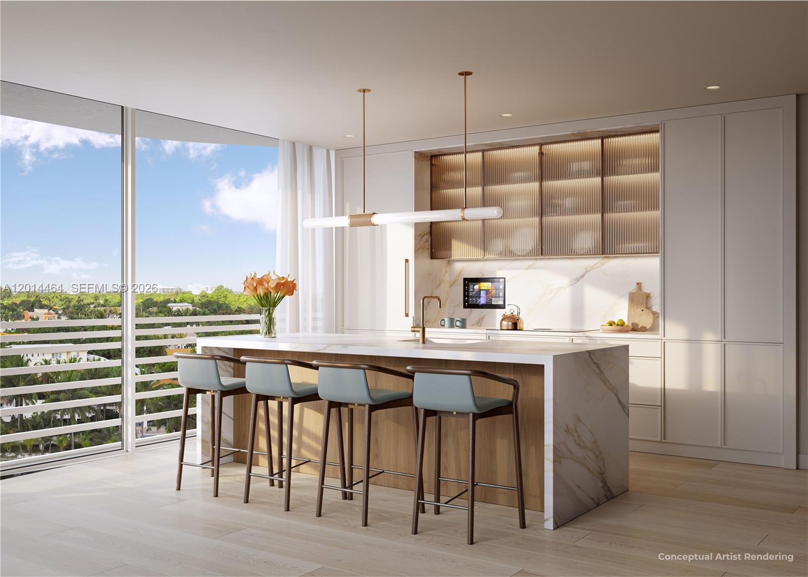 This conceptual artist rendering shows a modern kitchen with a marble island and bar stools — 2901 Indian Creek # 504, Miami Beach FL 33140, MIAMI BEACH, FL