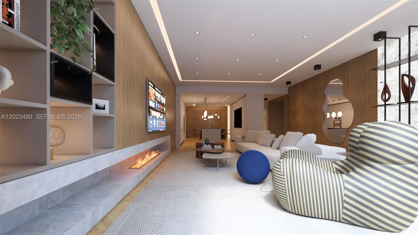 This is a rendering of a modern living room with wood paneling and a fireplace — 300 Biscayne Blvd Way # 1704, Miami FL 33131, MIAMI, FL