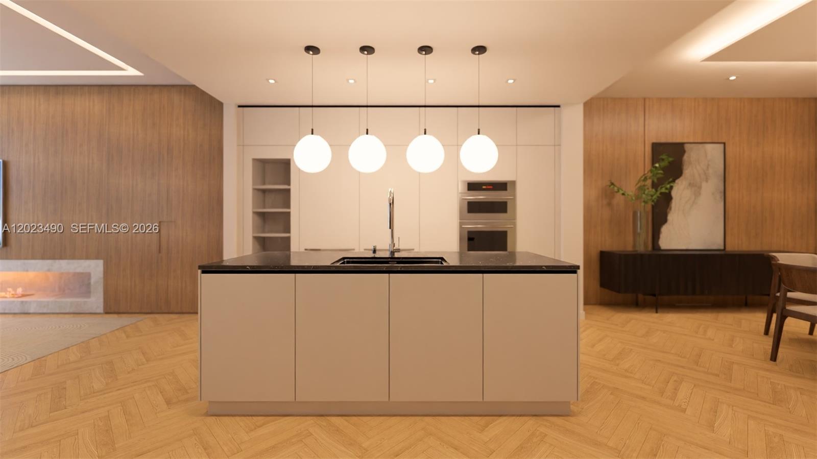 This rendering shows a modern kitchen with a central island, pendant lighting, and wood paneling — 300 Biscayne Blvd Way # 1704, Miami FL 33131, MIAMI, FL