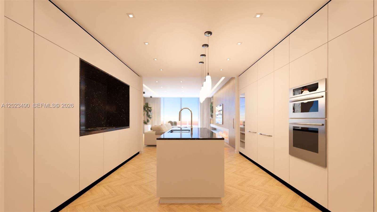 This is a rendering of a modern kitchen featuring a central island and white cabinetry — 300 Biscayne Blvd Way # 1704, Miami FL 33131, MIAMI, FL