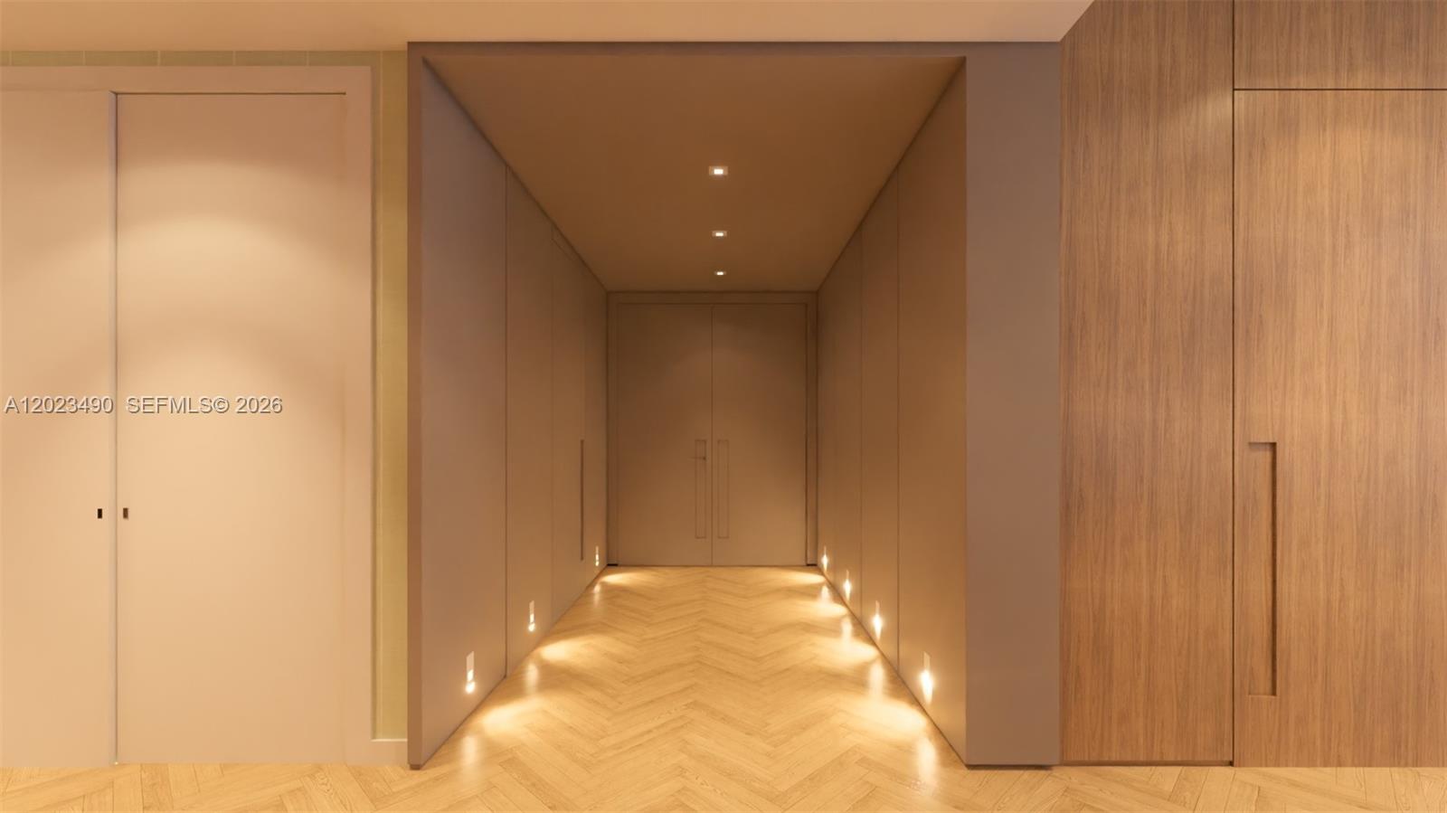 This is a rendering of a hallway featuring herringbone wood floors and recessed wall lighting — 300 Biscayne Blvd Way # 1704, Miami FL 33131, MIAMI, FL