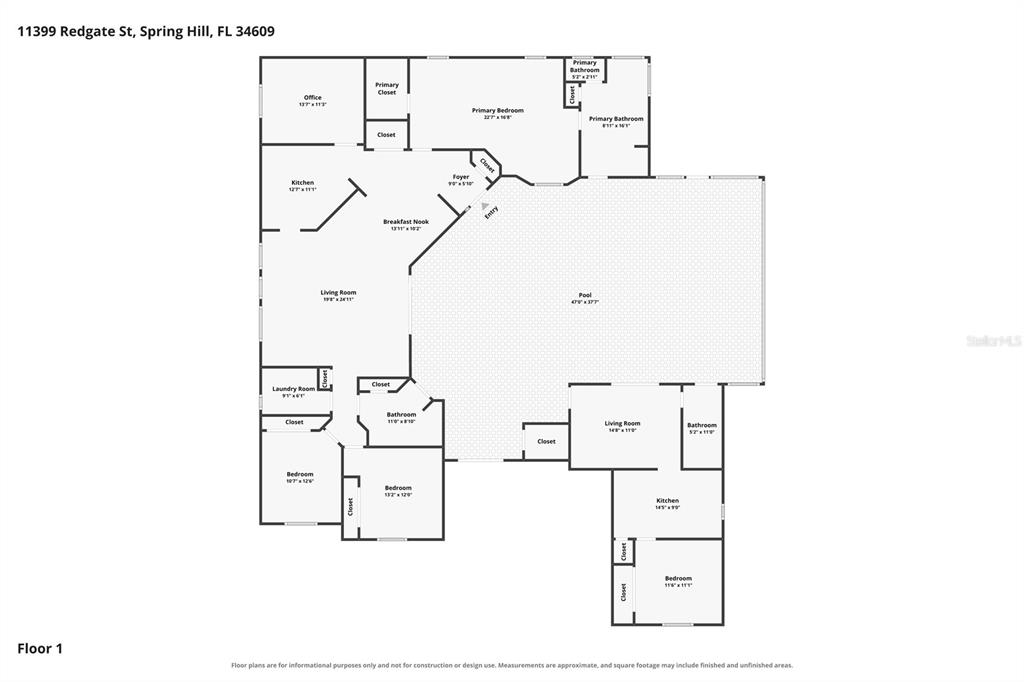 This is a floor plan showing the layout of a house with a pool area — 11399 REDGATE STREET, SPRING HILL, FL